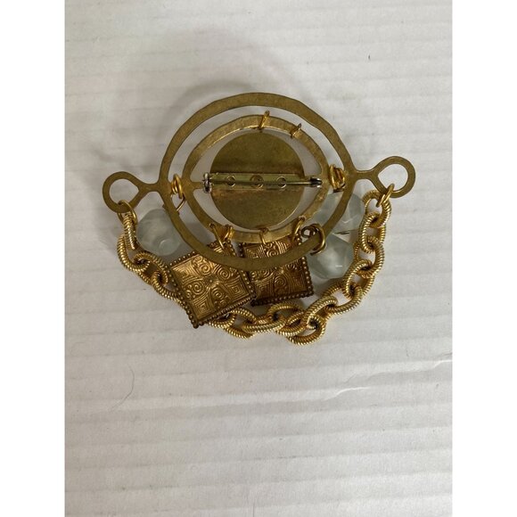 Vintage Gold-Tone Art Deco Brooch With Wired Stone Frosted Beads & Chain - Picture 3 of 5
